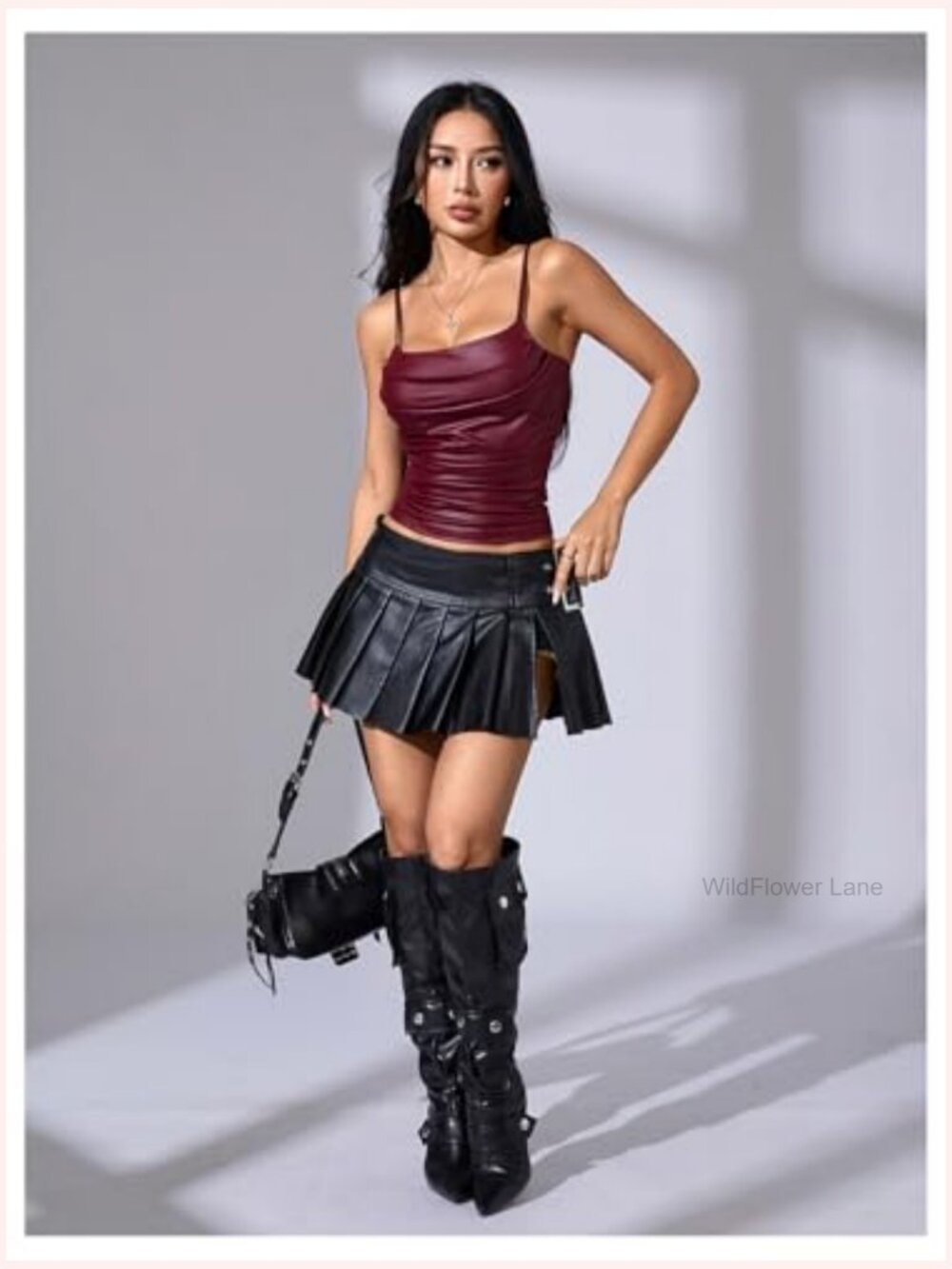 PU Leather Draped Camisole Spaghetti Strap Sleeveless Cami Top - Picture 5 of 5